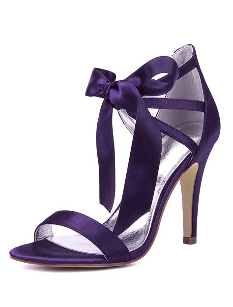 Satin Mother Shoes Purple Open Toe Cut Out Lace Up Wedding Shoes High