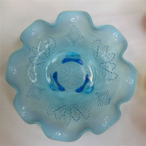 Antique Jefferson Blue Opalescent Glass Leaf And Diamonds Footed Bowl F2B