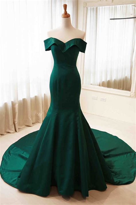 green satin mermaid prom dress ball gown elegant off the shoulder