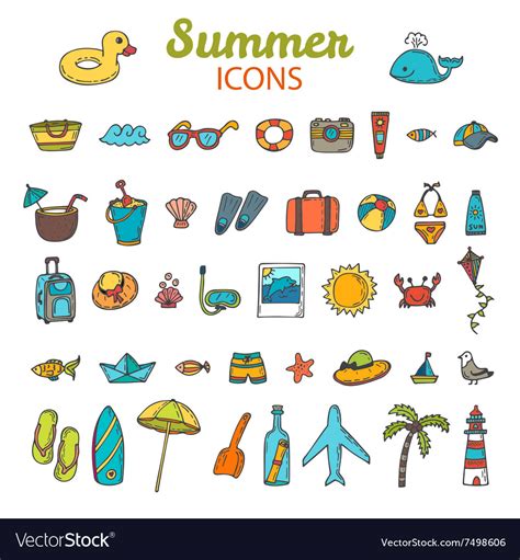 Beach Icons Collection Hand Drawn Summer Icon Set Vector Image
