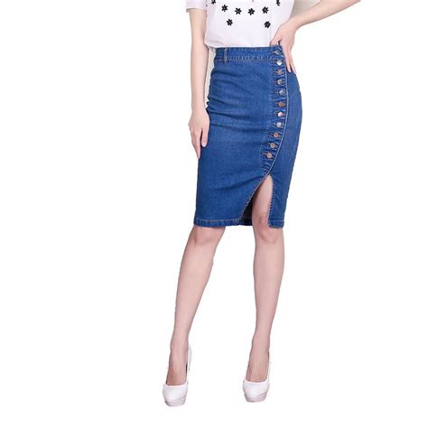 2019 Jeans Skirt High Waist Women Button Pleated Denim Skirts Knee Length Casual Pencil Skirt