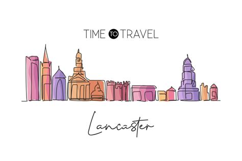 Continuous One Line Drawing Lancaster City Skyline England Lancashire