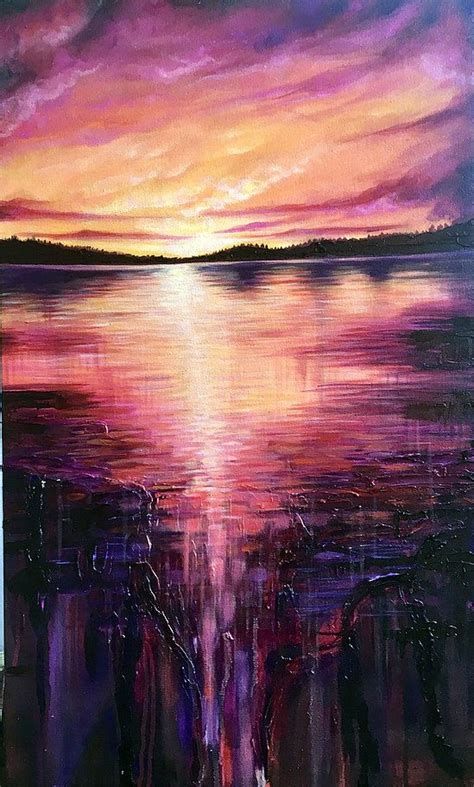 Lake Annabessacook Maine Acrylic On Canvas By Joya Mutti Sunset