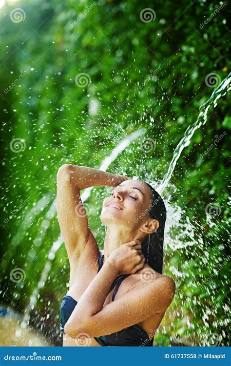 Woman Having Shower Under Tropical Waterfall Stock Photo Image Of Bali Beauty