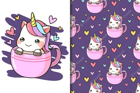 Premium Vector Wallpaper And Seamless Pattern Little Unicorn In A Cup