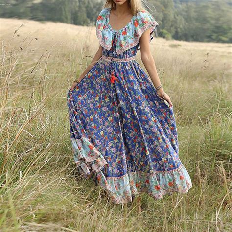 Bohemia Style Printed Lapel Pleated Vacation Dress Boho Fashion