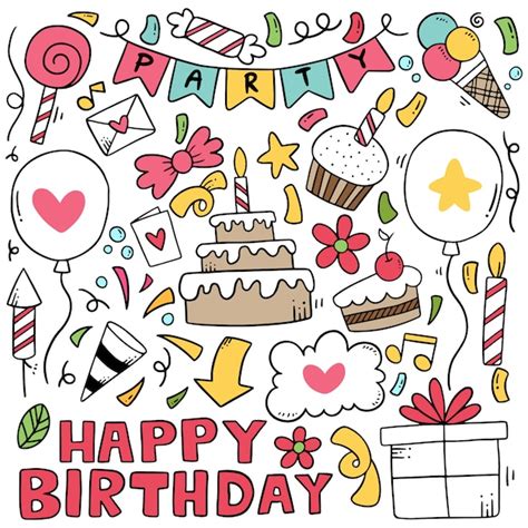 Hand Drawn Party Doodle Happy Birthday Ornaments Background Pattern Premium Vector