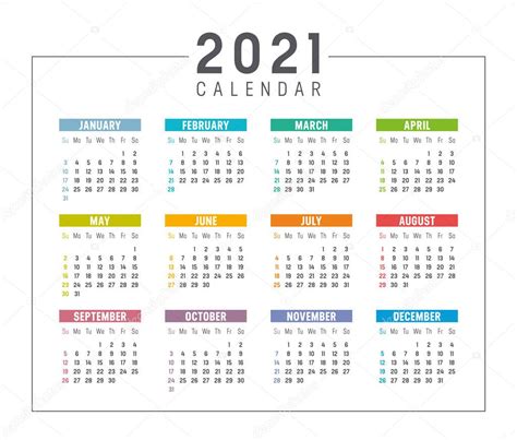 Año Colorido 2021 Calendario Aislado Sobre Fondo Blanco La Semana Comienza El Domingo