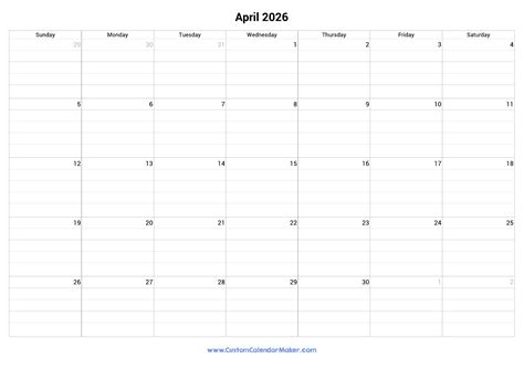 April 2026 Fillable Calendar Grid With Lines