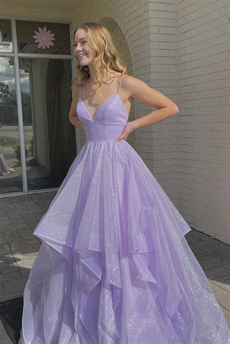 Shiny V Neck Fluffy Purple Long Prom Dress Long Purple Formal Evening Abcprom