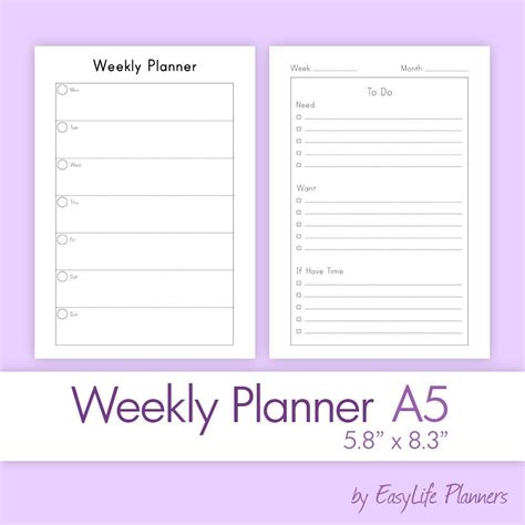 A5 Planner Inserts Weekly Printable A5 Weekly Insert Weekly Etsy