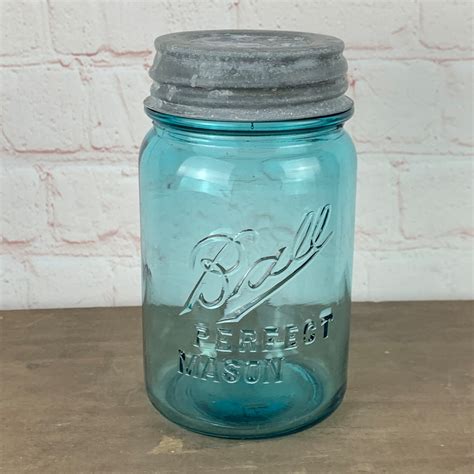 Vintage Aqua Ball Perfect Mason Pint Fruit Jar With Zinc Lid Etsy