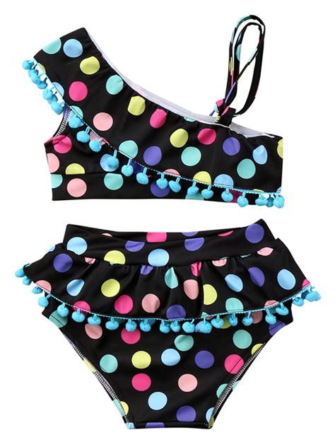 Toddler Girls Polka Dots One Shoulder Flounce Top Pom Pom Trim Bikini