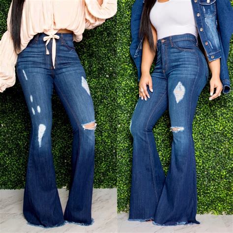 Wholesale Lightlykiss Bell Bottom Stretchy High Waist Ripped Jeans