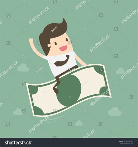Businessman Riding Flying Money Business Concept Cartoon