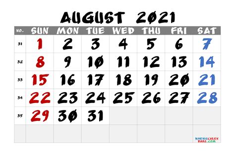 Free Printable August 2021 Calendar Printable Blank Calendar Template