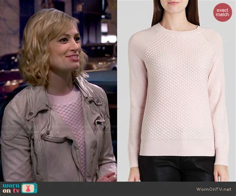 Wornontv Carolines Pink Textured Sweater And Cream Leather Jacket On