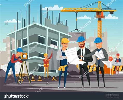 Building Under Construction Flat Illustration Foreman And Architects