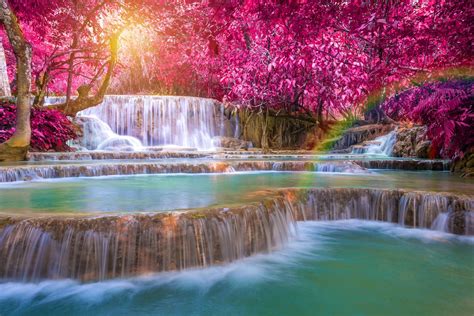 Waterfall Trees Fall Laos Rainbows Wallpapers Hd
