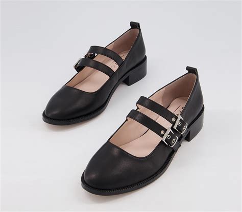 Office Flush Double Strap Mary Jane Flats Black Leather Flat Shoes
