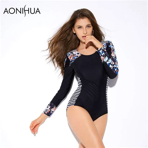 Aonihua One Piece Womens Swimsuit 2018 Fashion Printing Padded Slim Long Sleeve Sexy Women Bath