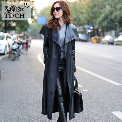Women Black Leather Long Trench Coat 2019 Fall Fashion New Plus Size