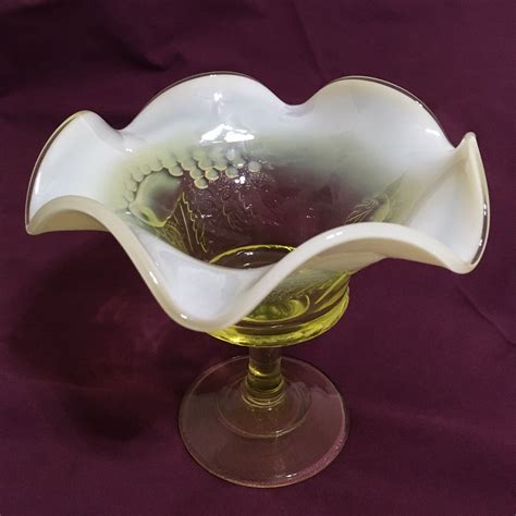 Fenton Art Glass Vaseline Glass Compote From L G Wright Strawberry And Currant Pattern