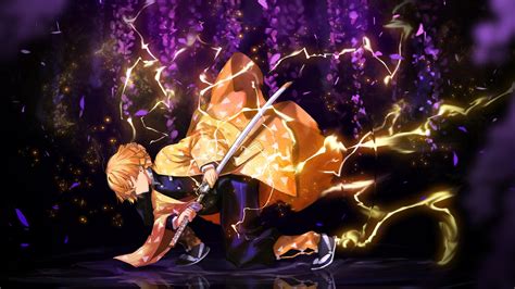 Demon Slayer Zenitsu Agatsuma With Weapon With Background Of Purple Flowers With Lighting Hd