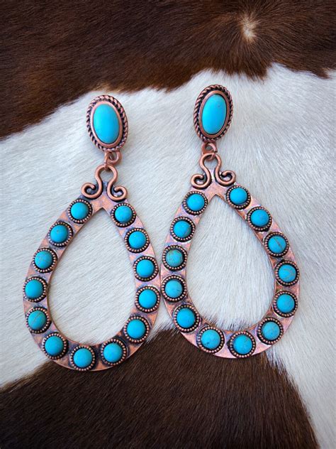 Yosmara Teardrop Western Style Earrings Copper Turquoise Ale