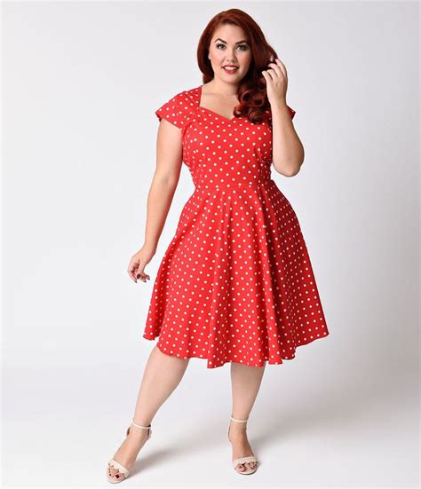 Unique Vintage Plus Size S Style Red White Polka Dot Swing Dress