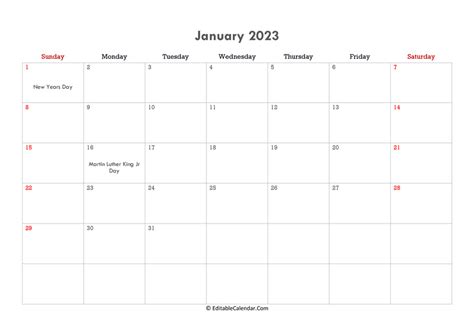 Download Editable Calendar January 2023 Word Version