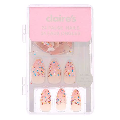 claire s rainbow glitter french tip stiletto faux nail set pink 24 pack claire s fake nails