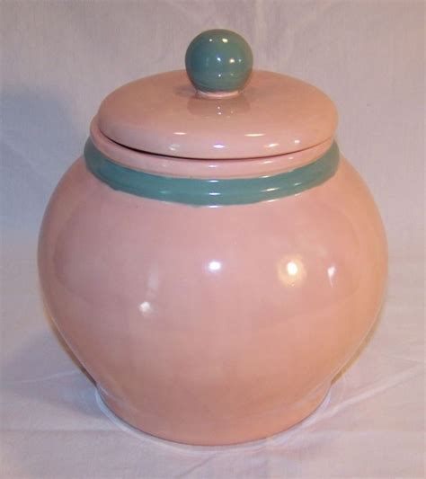 Hand Painted Ceramic Cookie Jar Canister W Lid Mauve And Green