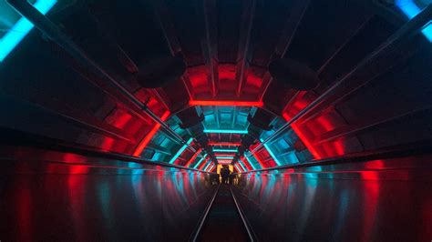 Escalator Tunnel Dark Neon Hd Photography 4k Wallpapers Images