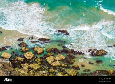 Aerial View Over Green Turquoise Water Waves In Byron Bay Australia