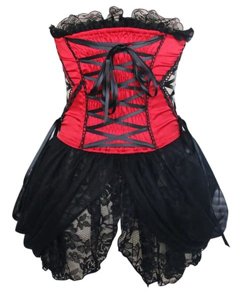 Red And Black Gothic Burlesque Corset Top Floral Embroidered Lace Trim