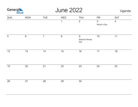 June 2022 Calendar With Uganda Holidays