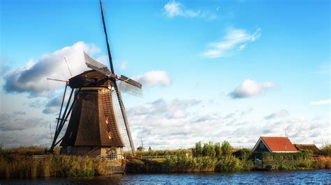 Traditional Dutch Windmill Near The River Kinderdijk Netherlands