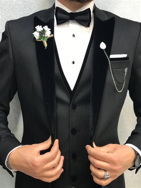 Acacia Black Slim Fit Velvet Tuxedo Groom Suit Black Wedding Suits