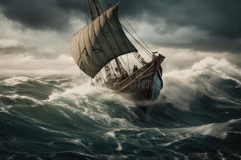 Viking Ship Sailing The Open Seas With Waves Crashing Against Its Hull