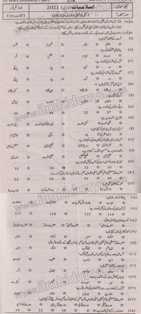 Past Paper Karachi Board Inter Part I Islamic Education Objective Urdu Medi