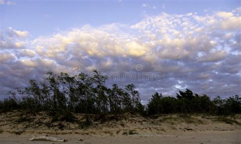 Dramatic Sunset Seashore Strong Winds And Blurred Waves Stock Image
