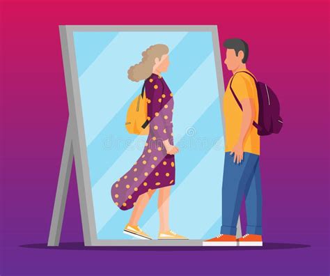 Man Transgender Looking In Mirror And Seeing Woman Stock Vector