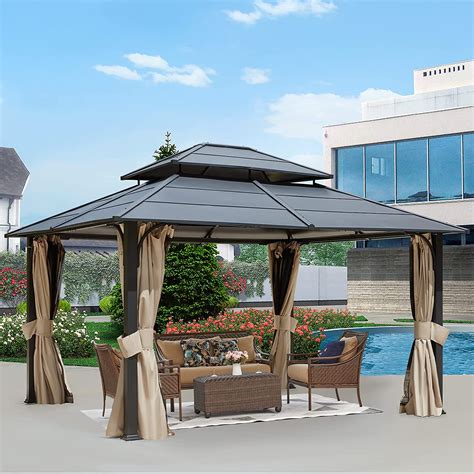 Mellcom 12x14 Ft Double Roof Hardtop Gazebo Aluminum Patio Gazebo With Curtains And Netting For