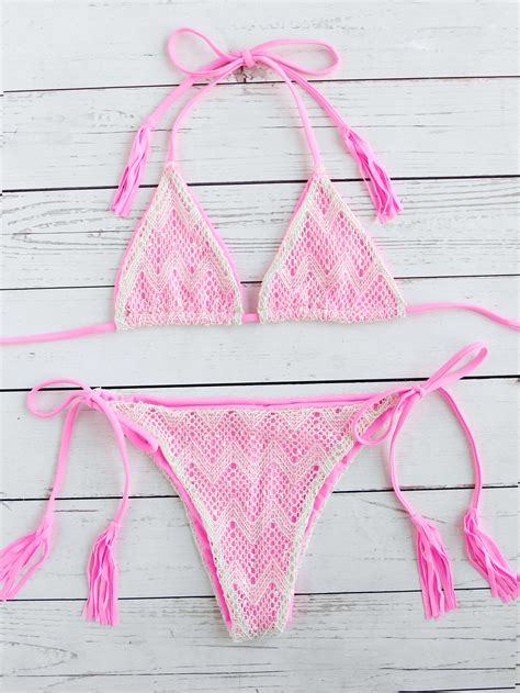 Shop Pink Lace Design Side Tie Triangle Bikini Set Online Shein Offers