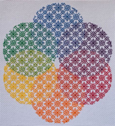 A Cross Stitch Pattern With Four Circles In Different Colors