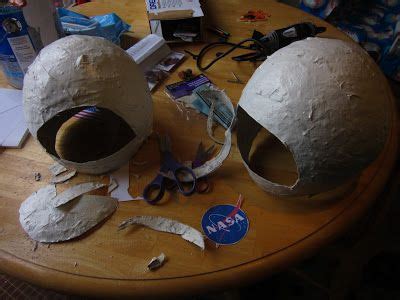 We had the outfit ironed out, but we still needed a helmet so we decided to make it out of paper mache. Paper mache helmets | Astronaut and Space Shuttle Costumes | Pinterest | Astronauts, Helmets and ...