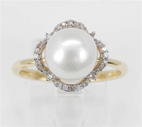 Diamond And Pearl Engagement Ring Promise Ring 14k Yellow Gold Size 7