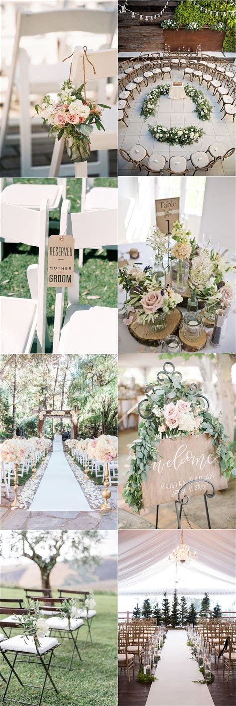 An Outdoor Wedding With White Chairs And Greenery