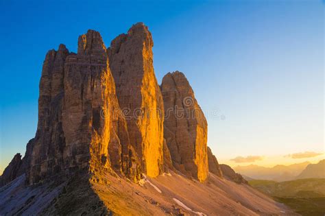 Tre Cime Di Lavaredo During Sunset Dolomites Italy Stock Photo